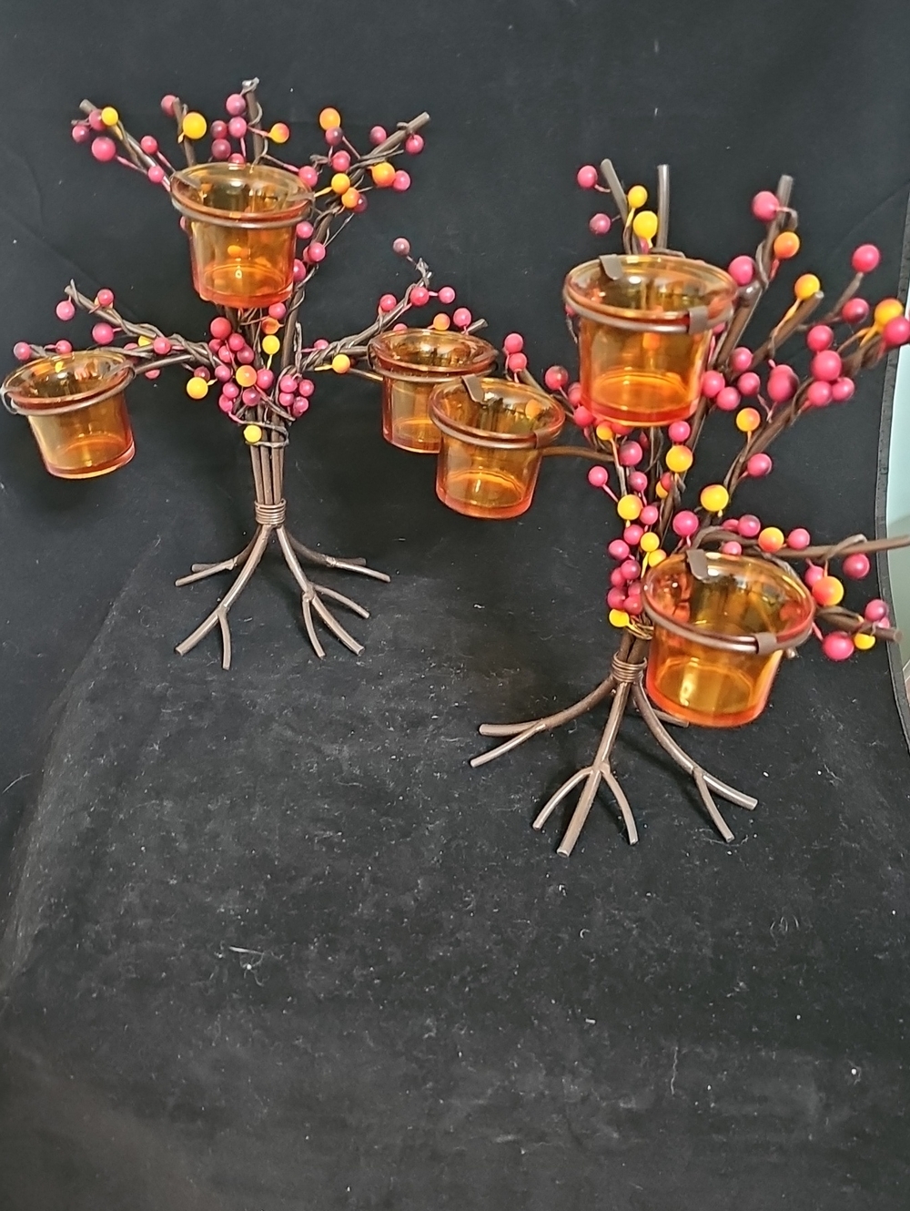 Fall Duo Vintage Amber Glass Tealight Holder Tree with Red  Yellow Berry Accents